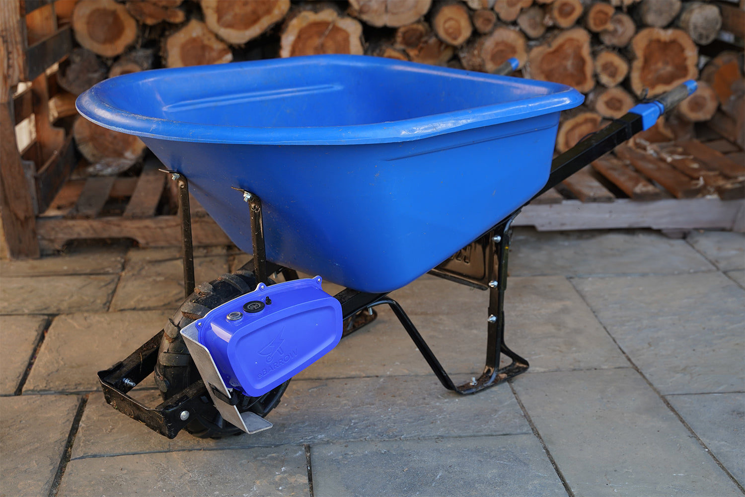 eBarrow electric wheelbarrow kit on wheelbarrow